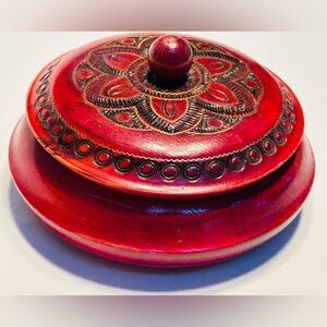 Wood Jewelry Trinket Box Hand Carved Varnished Metal Inlay European Vintage